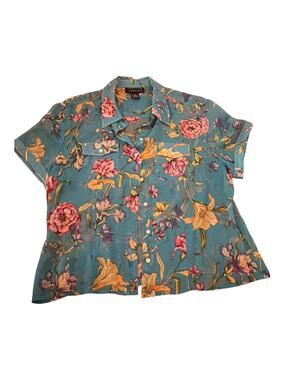 Spenser Jeremy Aqua Floral Silk Blouse XL (Fits M/L)